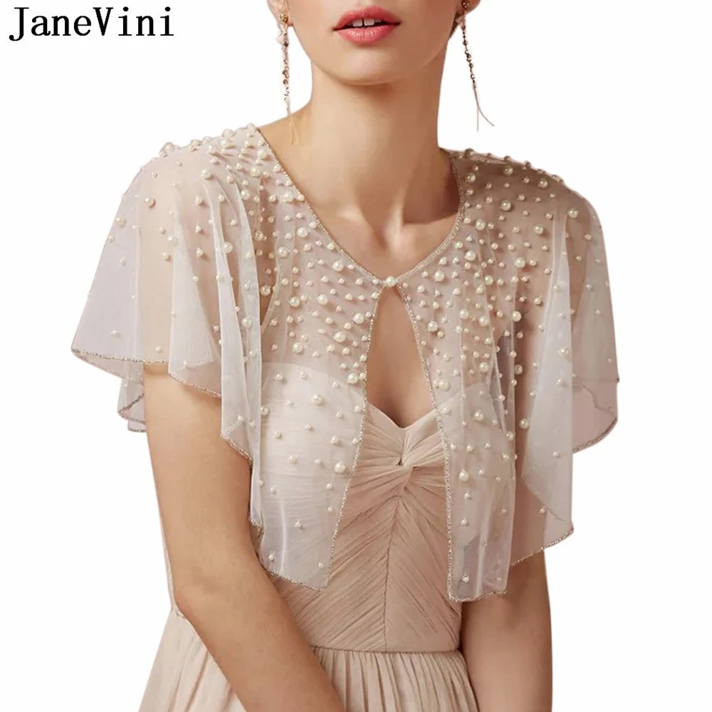 

JaneVini High Quality Sheer Cape Pearls Beaded Bridal Wedding Wraps Etola Shawl Summer Tulle Bride Jacket Shrug Bolero for Dress