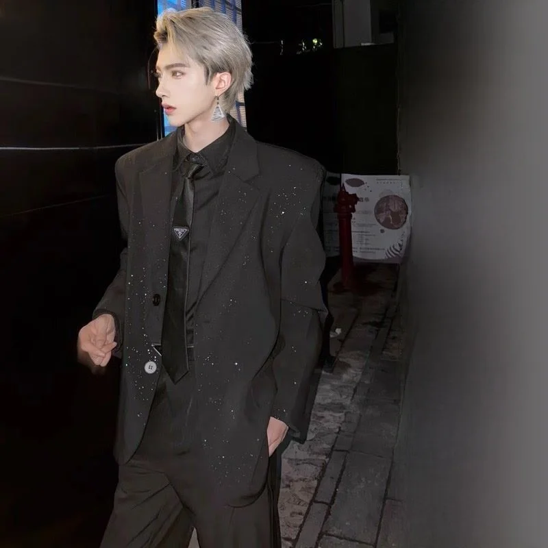 

Black Casual Men's Suit Jacket Set 2025 Trendy Brand Streetwear Shiny Sequins Tianxing Leisure Western Wear Double Slit Stand...