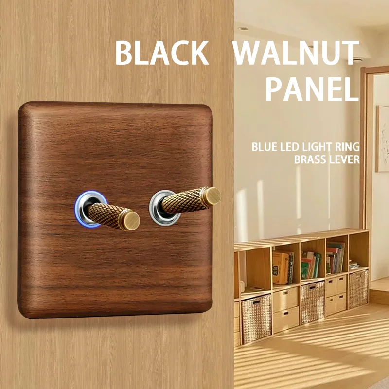 

Wood Brass Toggle Light Switch Panel Home Retro LED Indicator EU FR UK Ru Universal Electrical Socket Vintage Switch 86*86mm