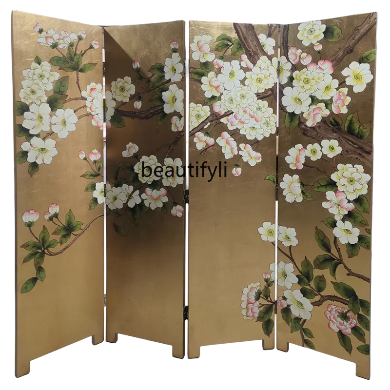 

New Chinese screen partition gold and silver foil lacquer painting folding screen hotel living room background wall decorationA