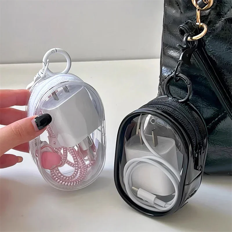 Black PVC Round Transparent Cosmetic Bag Jewelry Storage Bag Portable Data Cable Earphone Coin Charger Storage Bag Brand New