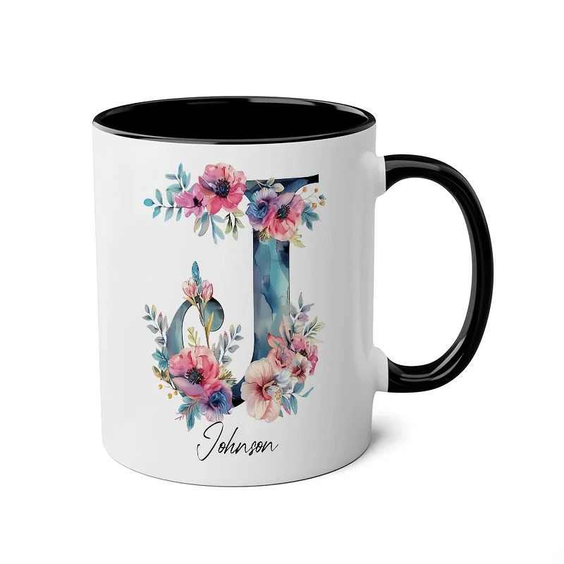 11oz Personalized Initial Name Ceramic Mug Custom Letter J Coffee Cup Floral Monogram Gift for Friend Colleague