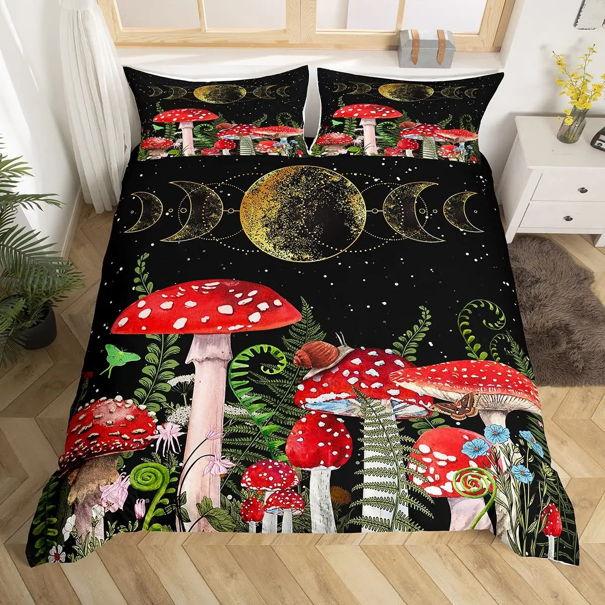 Mushroom Duvet Cover Set Burgundy Plant Fallen Leaves Bedding Set 2/3pcs for Kids Snail Print King Size Soft Comforter Cover