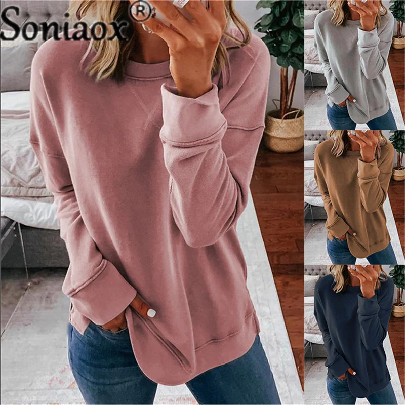 2022 Women New Autumn Winter Clothing Solid Color Casual Sweatshirt Long Sleeve Tops T-Shirt Ladies Round Neck Pullover Sweater