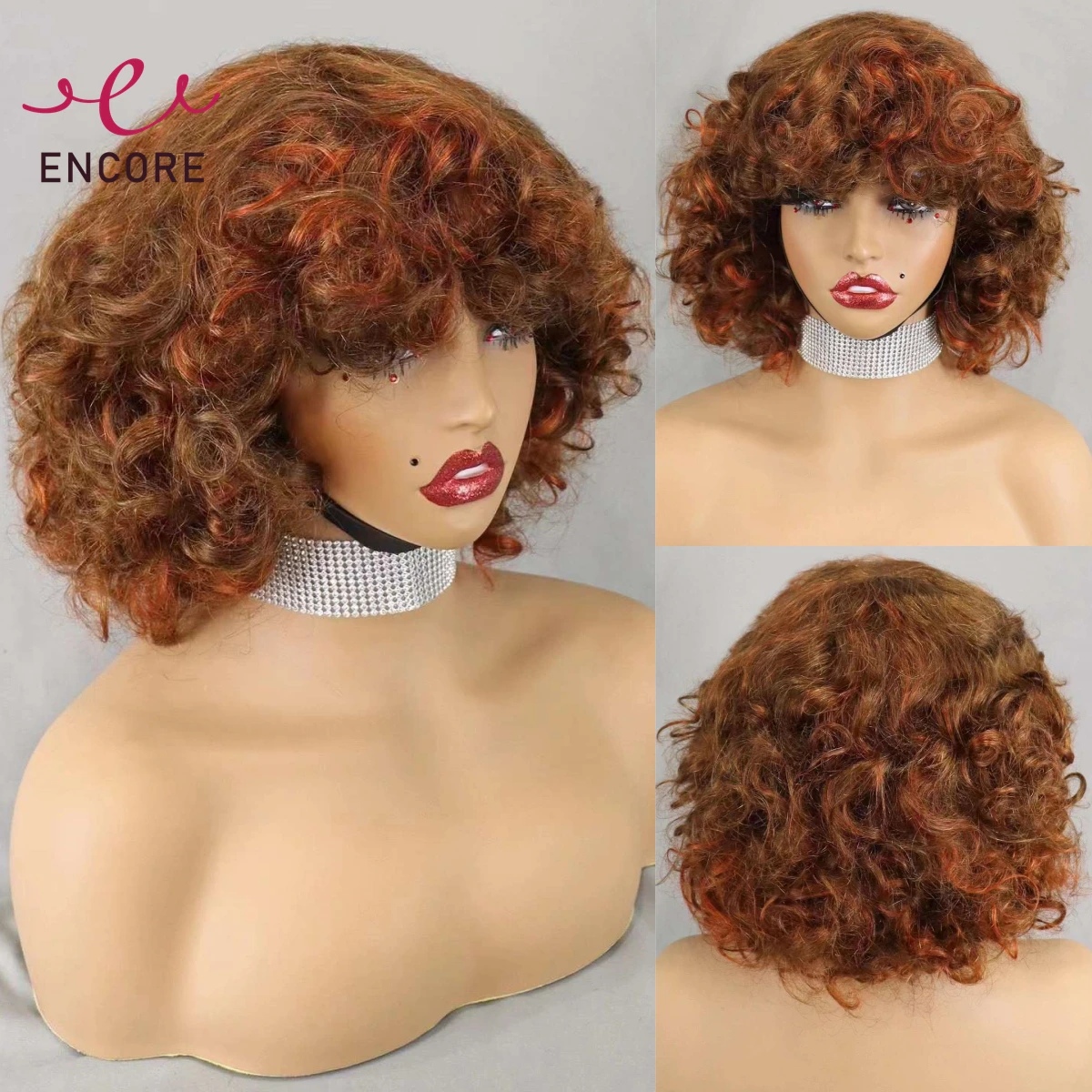 

200% Density Brazilian Remy Human Hair Wig 4-350 Color Loose Wave Machine Made Short Curly Bob Wigs with Bangs for Black Women