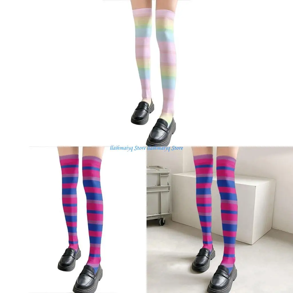 

573b японские стили бедро высокие чулки радужная многоцветная полоса