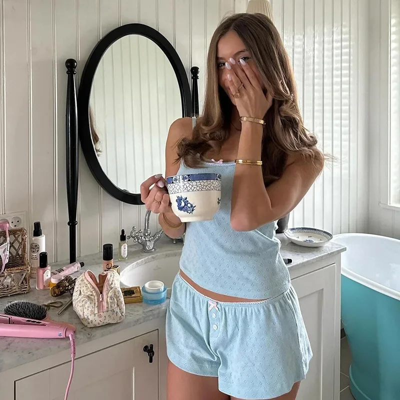 Conjunto de Camiseta sin Mangas y Pantalones Cortos Deportivos Casuales Holgados con Estampado de Mariposa Jacquard para Mujer, Estilo Y2K