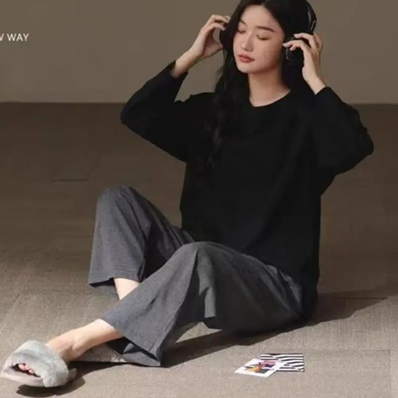 M-5XL grande taille 2 pièces/ensemble pyjamas femmes coréen printemps à manches longues école vêtements de nuit gris vêtements de détente amples peuvent être portés à l'extérieur