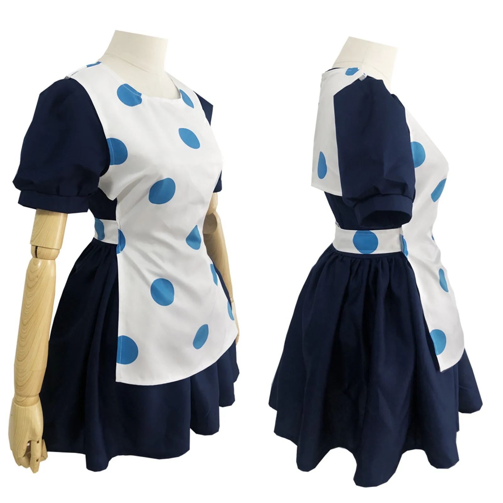 

Anime Bizarre Adventure Susie Q Cosplay Costume for Women Two Pieces Navy Blue Dress Polka Dot Skirt Apron Maid Uniform Outfits