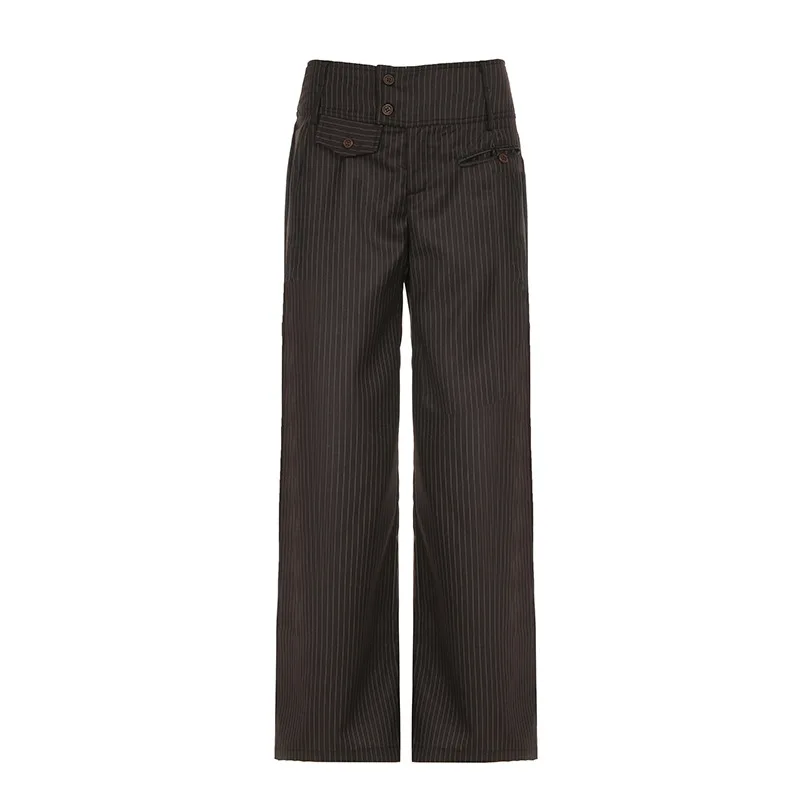 XIZOU 90s Retro Button-up Striped Pants Women Low Rise Loose Wid-leg Casual Pants for Summer Streetwear Y2K Aesthetic Trousers