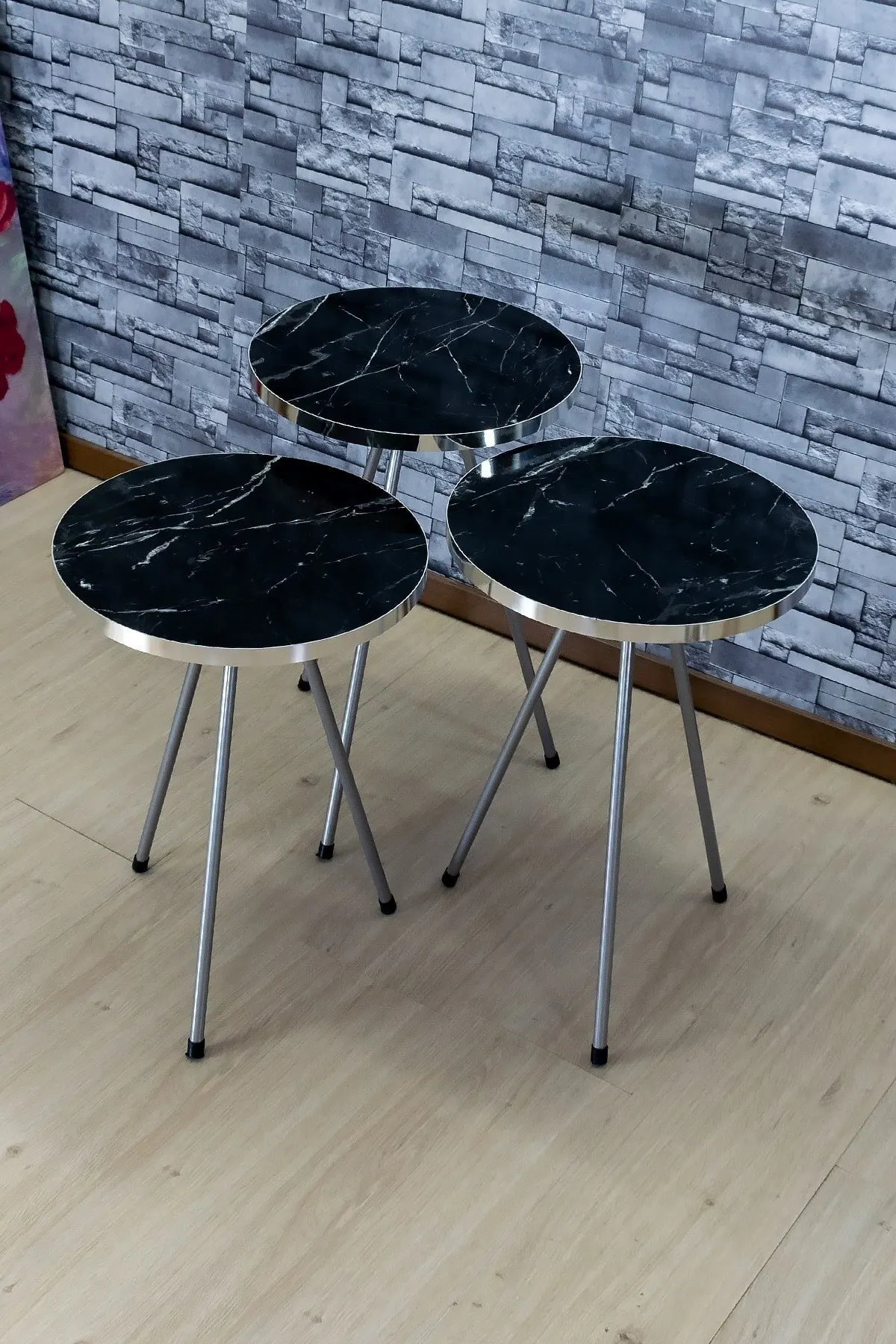 Modern Nelling Table 3 Pieces Silver Color Metal Leg De Mounted Side Table Tea Coffee Service Table Round Living Room Bedside