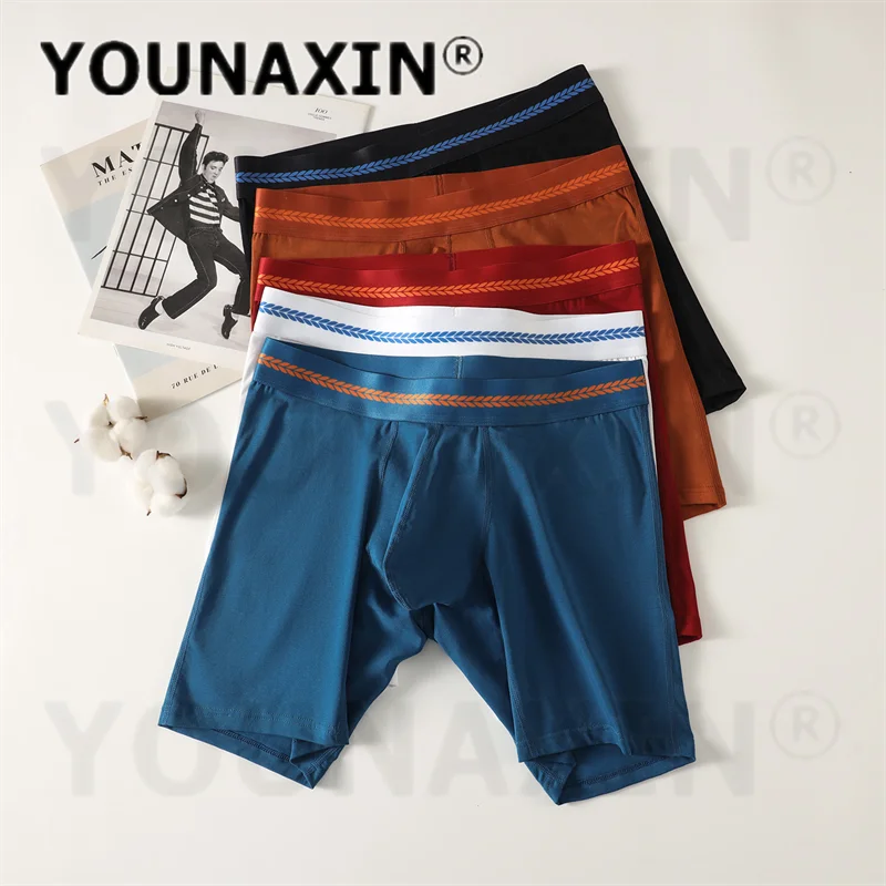 5 Pieces Men's Cotton Long Boxer Briefs Mid Waist Extended Leg Sexy Stretch Breathable Big Size Comfort Underwear M L XL 2XL 3XL