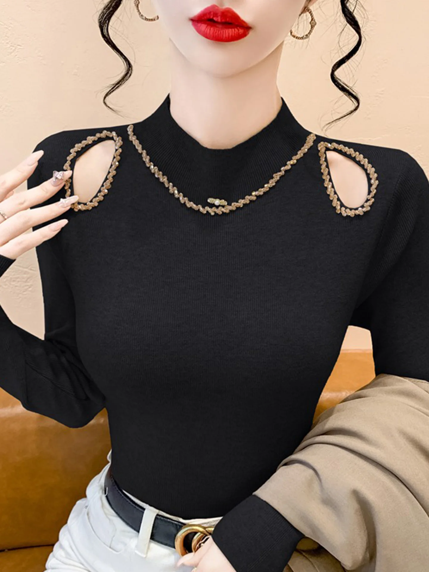 Seksowny sweter z odkrytymi ramionami, długi, dzianinowy, damski, dopasowany, z wysokim kołnierzem, warstwa bazowa, zimowy, jesienny, zdobiony koralikami, ciężki top.