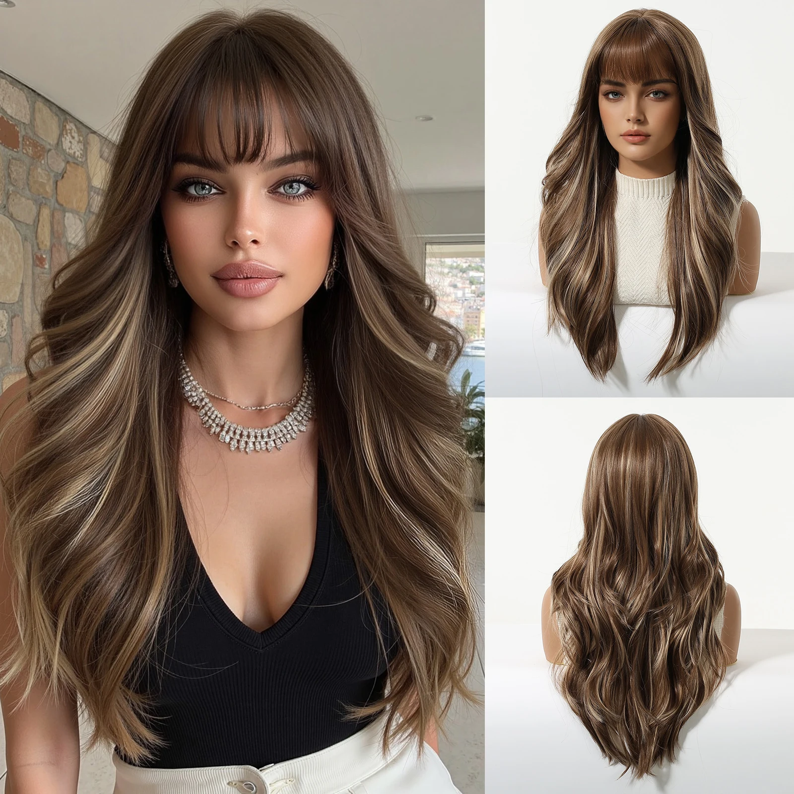 

Длинный парик с эффектом омбре от темно-коричневого до светло-русого, с волнистыми прядями и челкой, термостойкий, из синтетических волос, для женщин, для повседневной носки и вечеринок