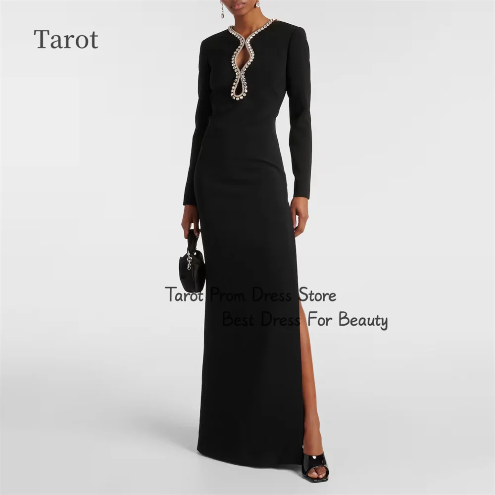 

Tarot Romantic Saudi Prom Dresses O-Neck A Line Split Crystal Formal Evening Dress Long Sleeves Floor Length فساتين سهرة