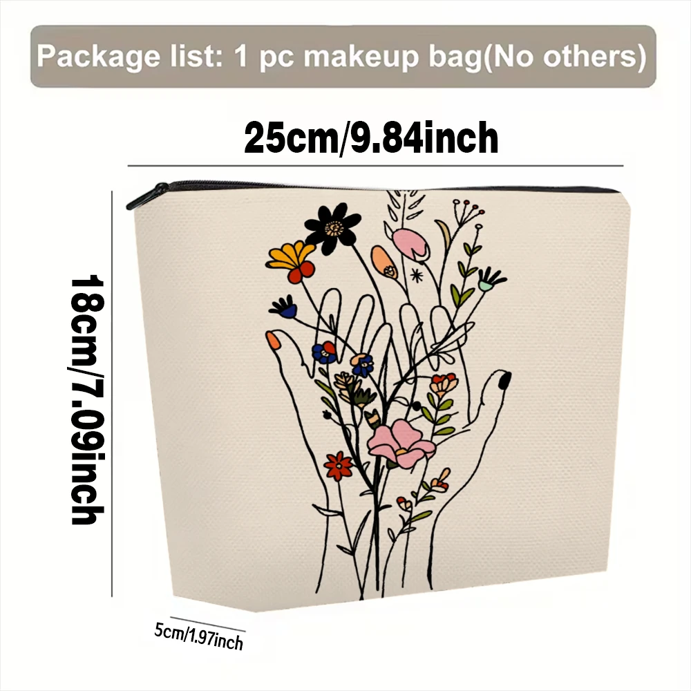Hand Holding Flowers Pattern Makeup Bags for Girls Cosmetic Pouch Toiletry Bag Pencil Case Travel Storage