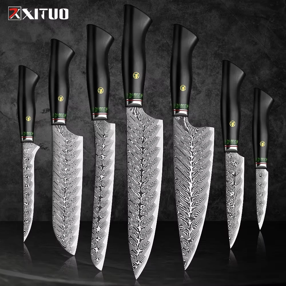 

XITUO High Quality 1-7 PCS Kitchen Knives Set 67 Layers Damascus Steel Super Sharp Cutting Meat Professional Chef Utility Tools