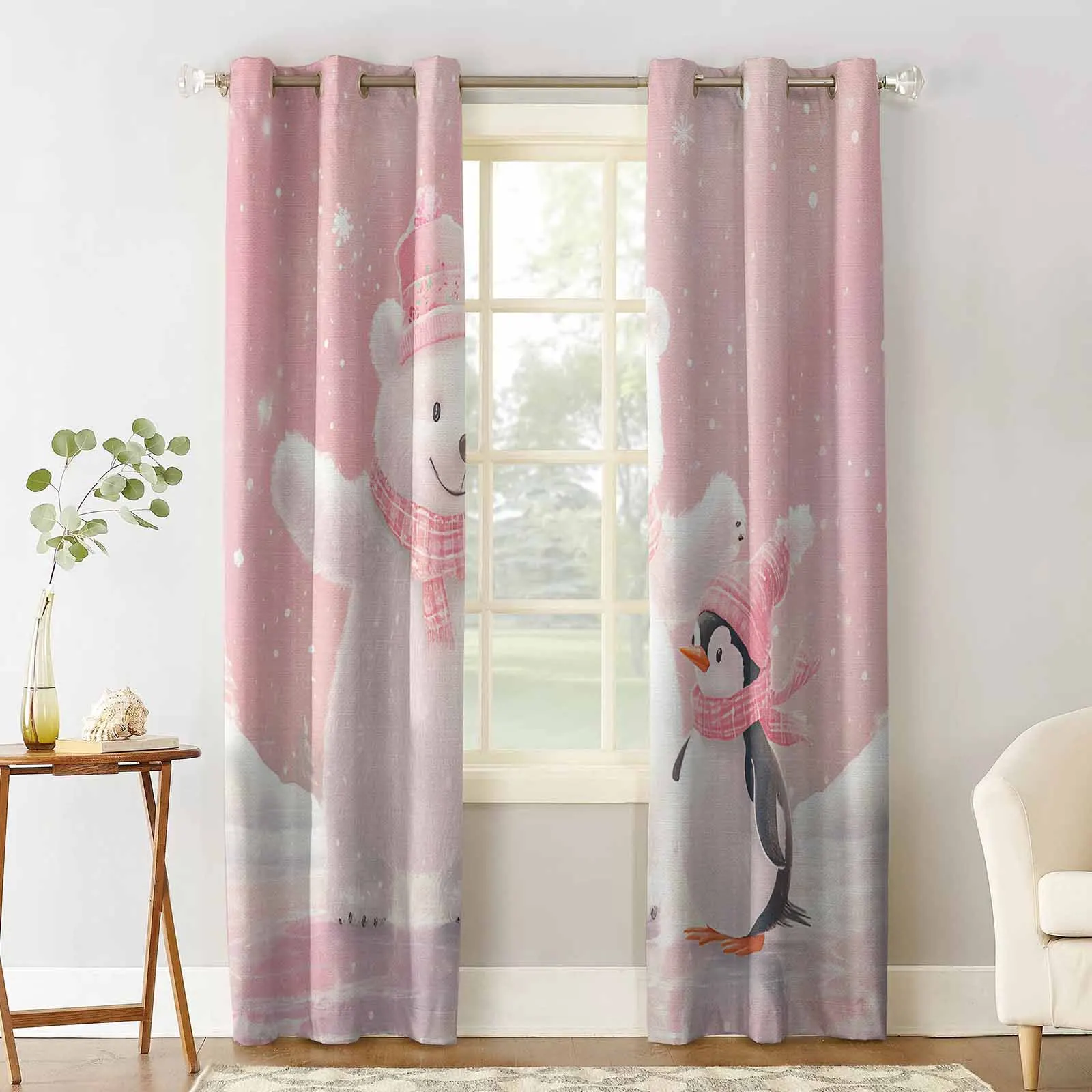 Christmas Pink Bears And Penguins Curtains For Kitchen Bedroom Window Treatment Curtains For Living Room Home Decor