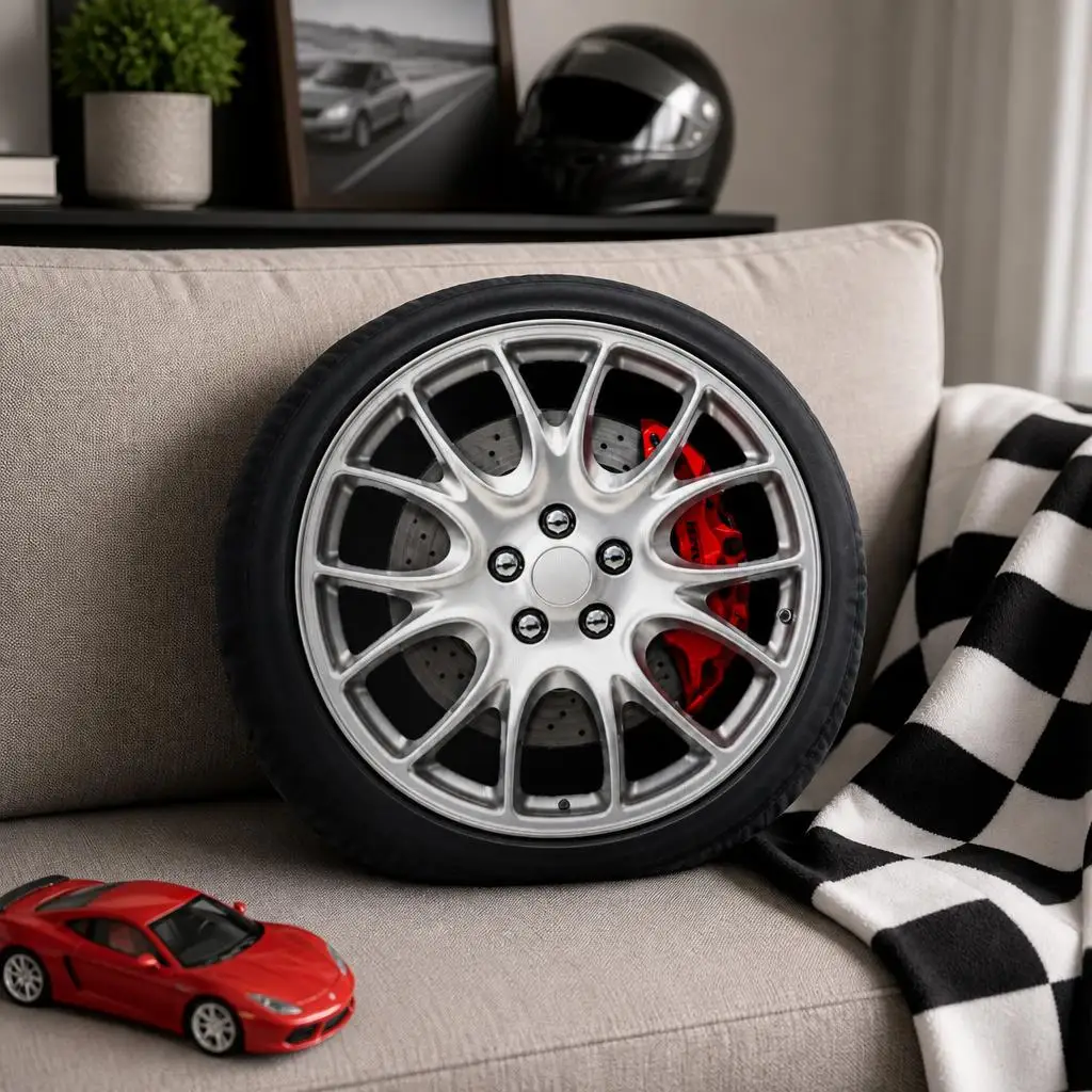 Car Wheel Pillow Alloy Rim Cushion with Red Brake Caliper Tire Throw Pillow Shaped Stuffed Automotive Home Decor Sofa Gift
