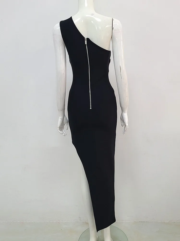 Femmes brillant strass une épaule maille transparente voir à travers longue robe Maxi noire de luxe soirée robes d'invité de mariage