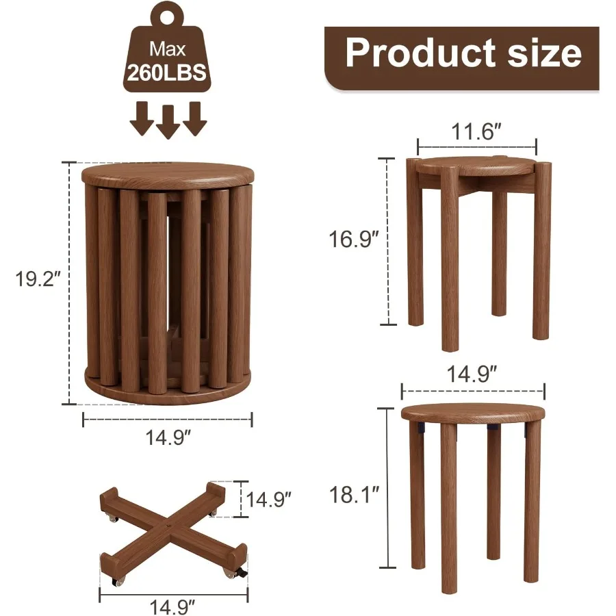 Set Kursi Tumpuk 4 Buah, Kursi Kayu Bulat 18 Inci, Kokoh dan Tahan Lama, Meja Samping Tumpuk, Meja Bersarang untuk Ruang Tamu