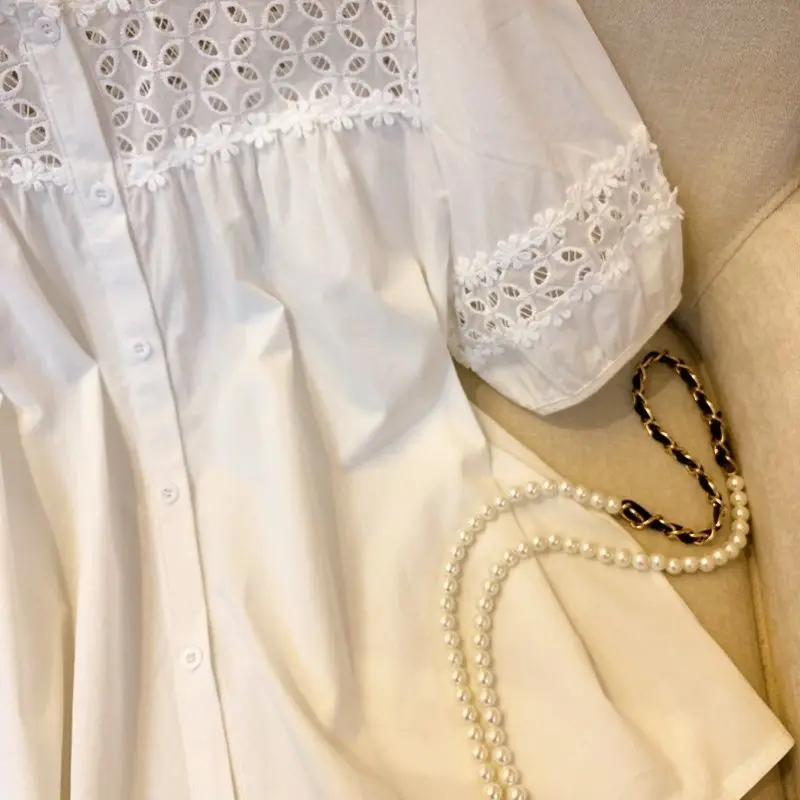 Short Sleeve Shirts Women Business Casual Jacquard Patchwork Pintuck Cropped Blouse Artistic Preppy Urban Student Youthful Light