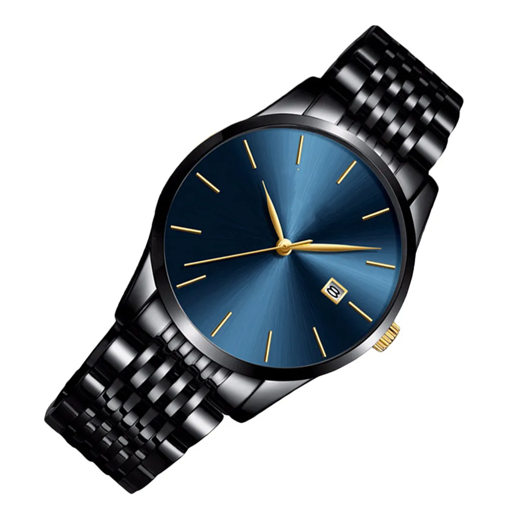 

Men Quartz Wrist Watch Blue and Black Stainless Steel Fashion Business Waterproof Calendar Display Accurate Time