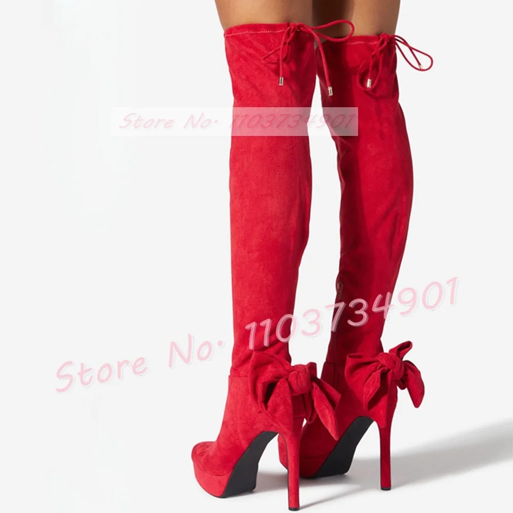 

Red Round Toe Platform Stretch Long Boots Women Sexy Back Butterfly Knot Thin High Heels Boots Trendy Feminine Solid Flock Shoes