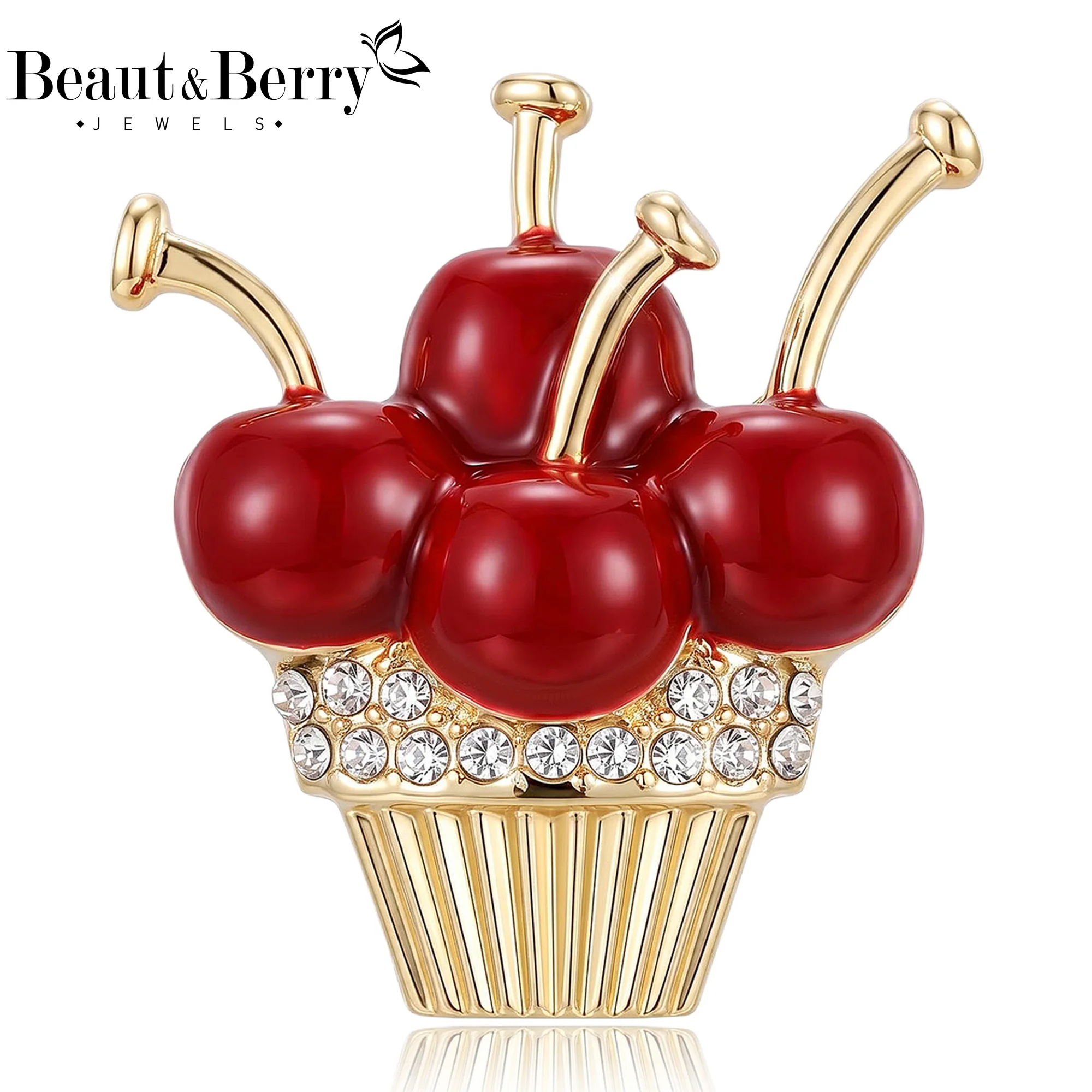 Beaut&Berry Luxury Enamel Cherry Cake Brooches for Women Unisex Food Pins Casual Party Jewelry Accessories Gifts Decoration