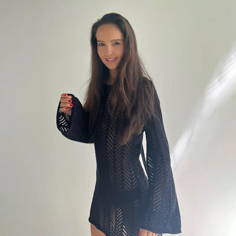 Para Praia-Robe de plage à manches longues, chemise ajourée, cover-up, sexy, vêtements de plage, été, 2025