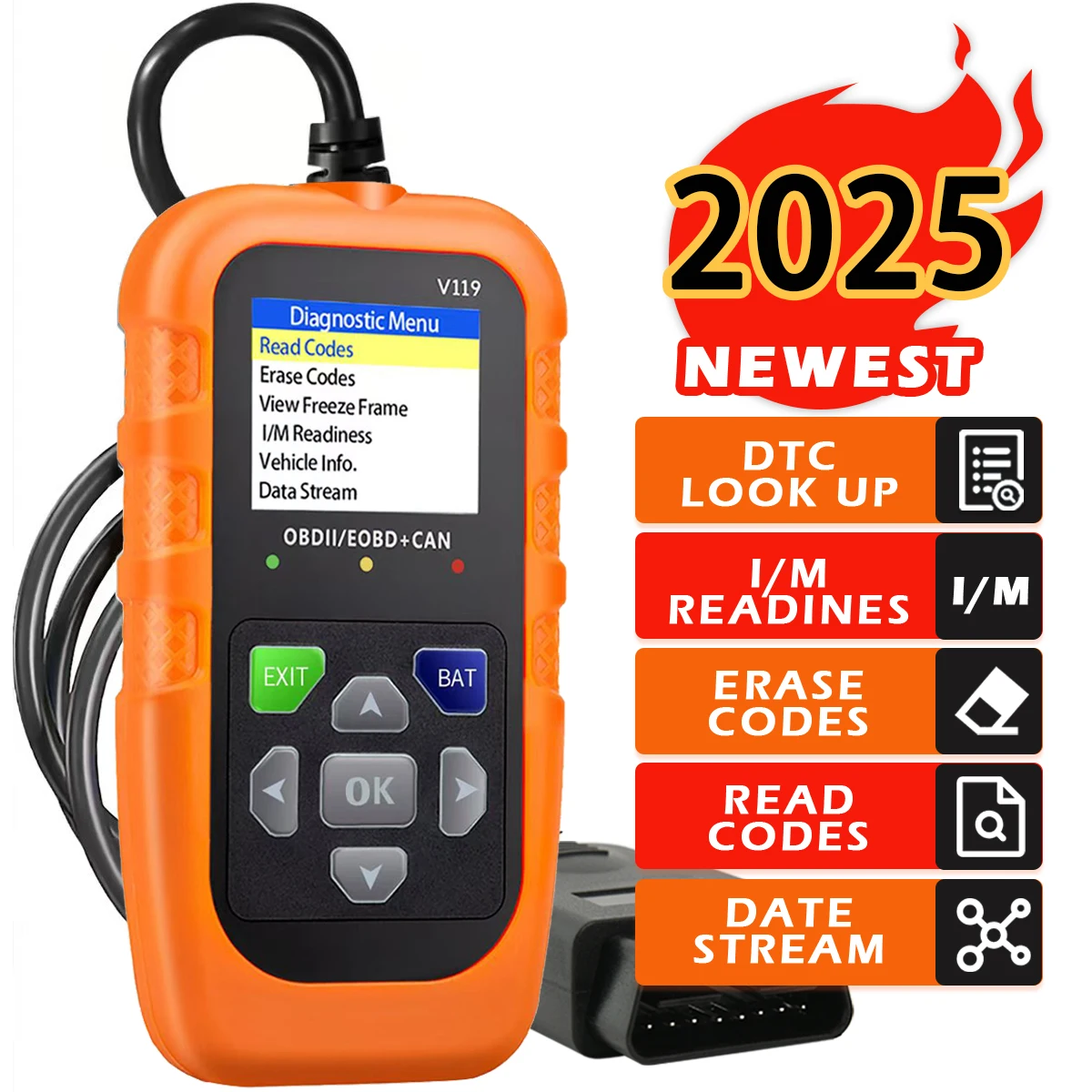 Obd2 Scanner Diagnostic Tool with Voltage Tester, Obdii Engine Fault Code Reader, Eobd + Can Charging Tester, Insulation (Orange)