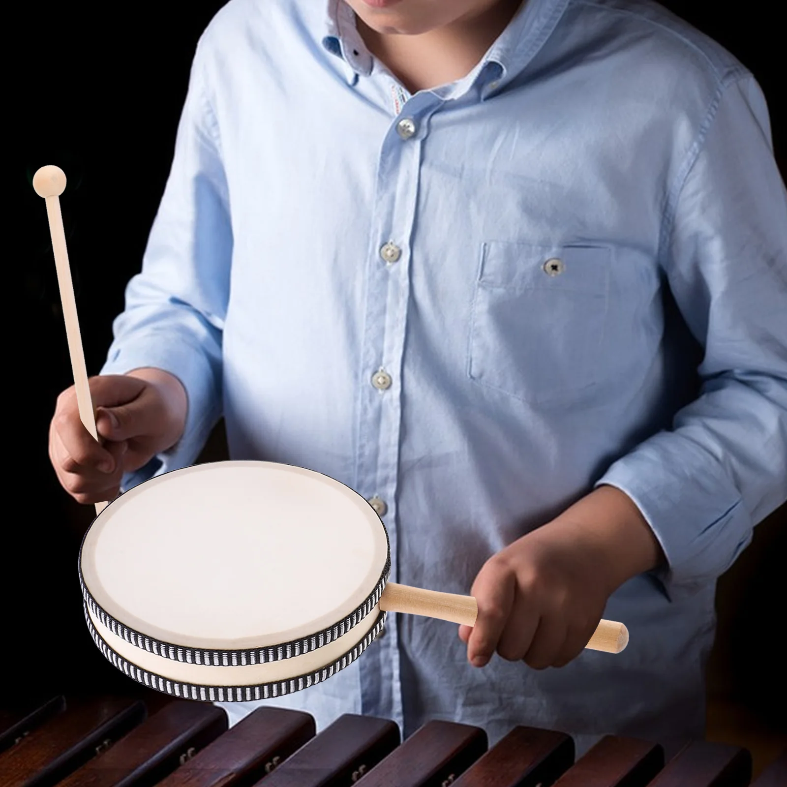 Tamburo a mano Strumenti musicali per bambini Giocattolo a percussione in legno Tamburo per bambini Mini prestazioni portatili leggere