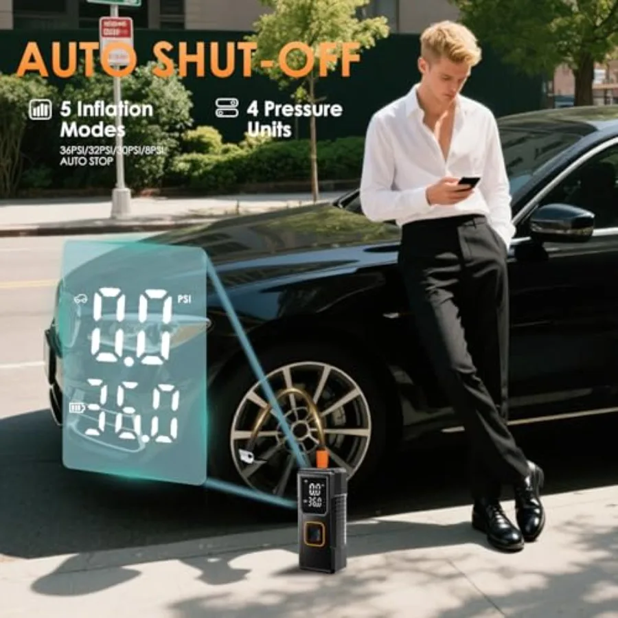 ضاغط هواء محمول 150 رطل لكل بوصة مربعة منفاخ إطارات لاسلكي لسيارة دراجة نارية وكرات رياضية مع مقياس ضغط مدمج Fas
