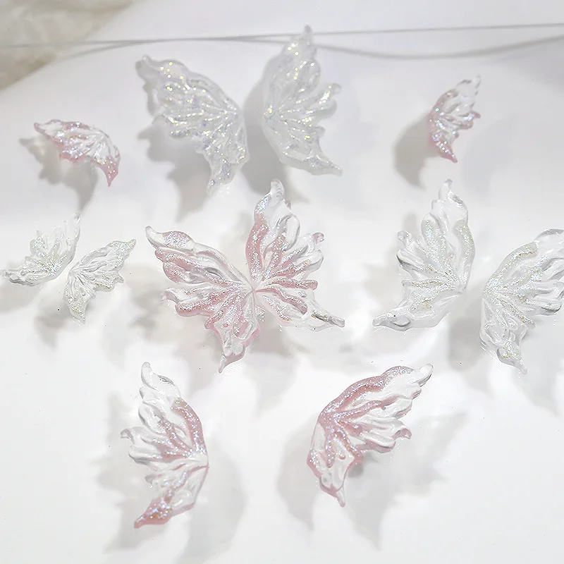 20PCS Glitter Ice Translucent Aurora Fairy Half Butterfly Wing Clear Pink White Nail Art Rhinestones Decorations Manicure Charms