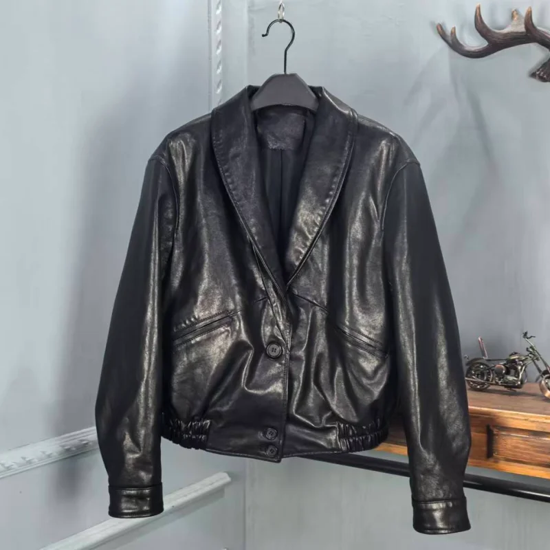 

Haining Spring 2026 New Sle Women's ort Genuine Leather Jaet Faionable Tannery Leather Coat Versatile for Petite Women