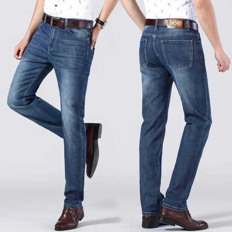 Le التجارة الخارجية الراقية الأزرق مستقيم الساق الجينز الرجال مرونة القطن السراويل المريحة نمط غير رسمي الصيف خفيفة الوزن