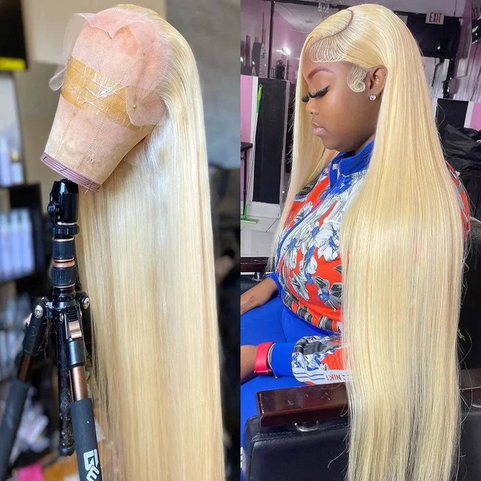 Blonde 613 13x6 HD Lace Forehead Wig 13x4 Glueless Human Hair Wig Straight Pre-Bleached Brazilian 32 Inch 150 Density