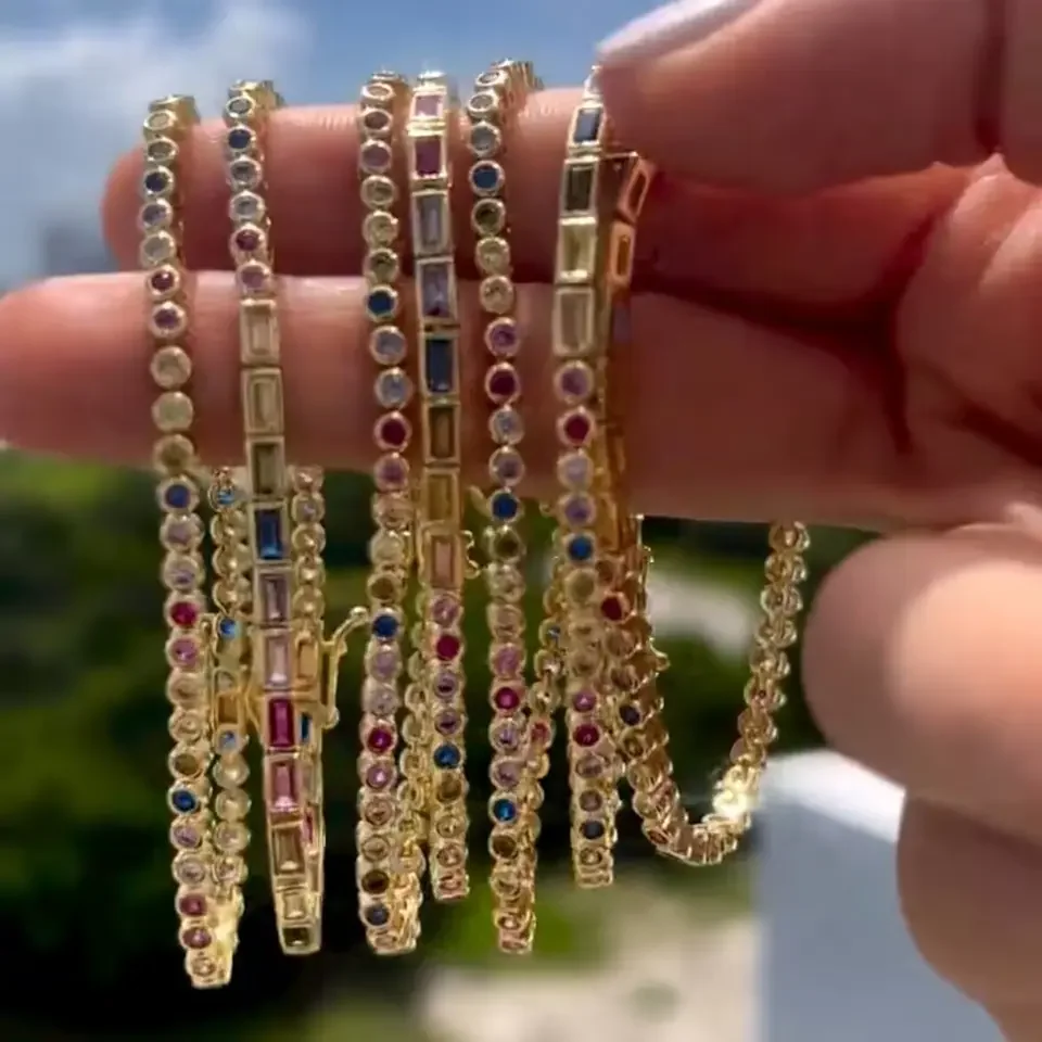 Bling Bezel White Colorful Rainbow Half Round Half Rectangle Cubic Zirconia Tennis Bracelet For Women Girl Fashion Jewelry