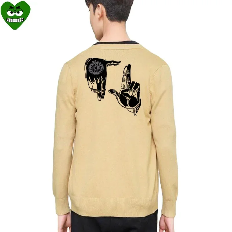 Break Egg Men Open Knitted Sweater  Teeth Embroidery Black  White Palm Print V-neck Single Breasted Long Sleeve Autumn Sweater