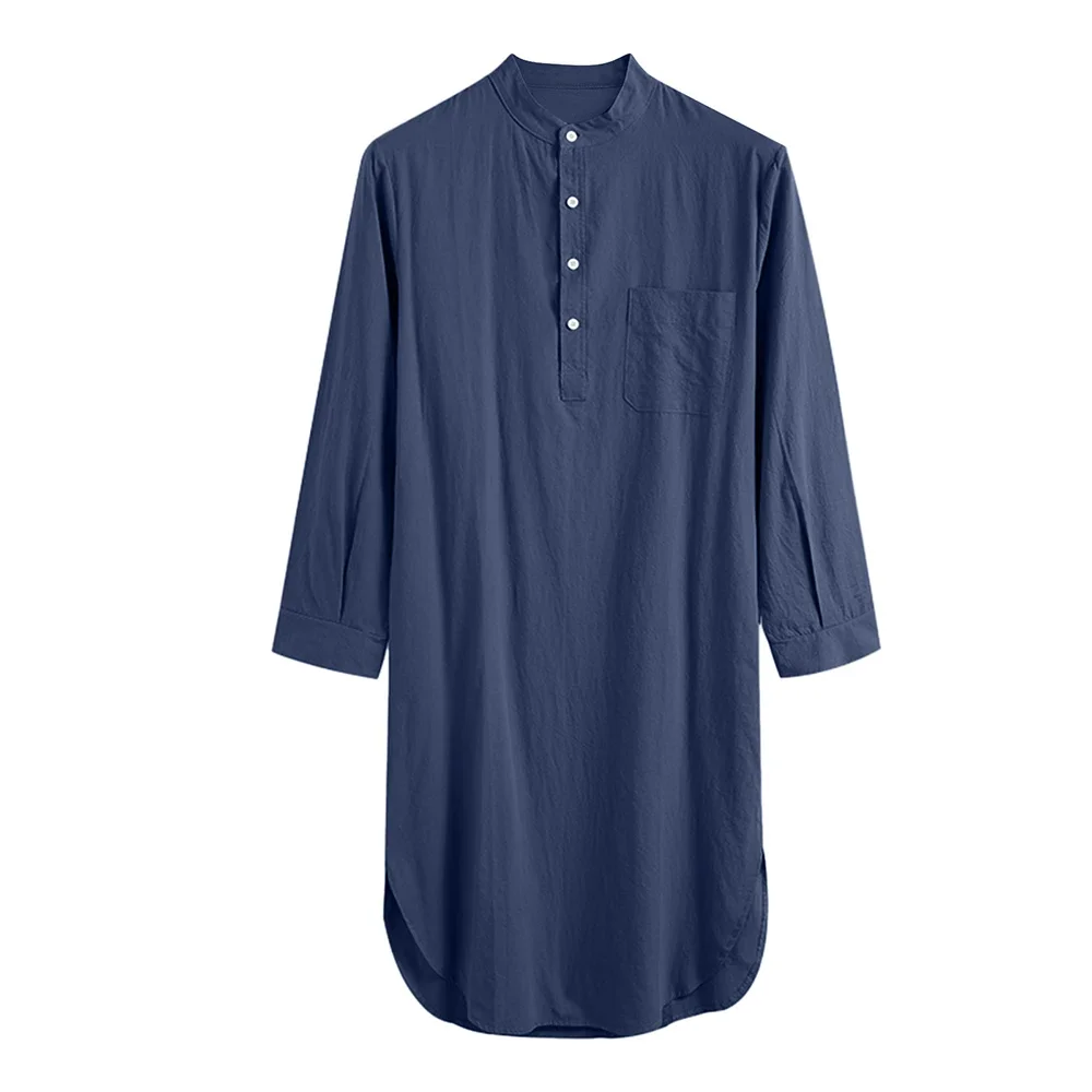 Men\'s Casual Long Nightgown Robe Solid Color Long Sleeve Night Dress Loose Long Shirt Bathrobe Kaftan Thobe with Pocket Homewear