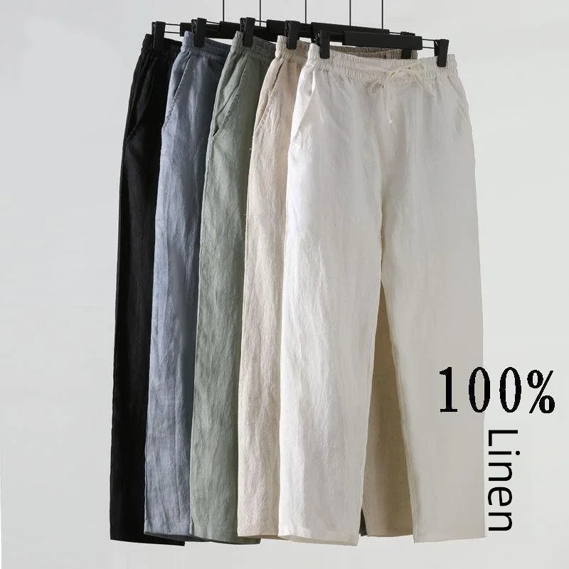 Summer Linen Casual Pants For Men Loose Fit Chinese Style Nineteen Divine Pants Lightweight Cotton Linen Blend