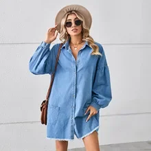 Women Dresses Long Sleeve Solid Denim Dress Single Breasted Pockets Loose Washing Knee Length Vestidos Casual Button 2025