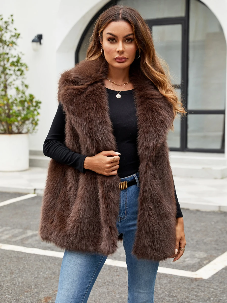 Solid Women's Sleeveless Fur Vest Winter Warm Turn Down Collar Cardigan Coat Faux Fox Fur Casual Outerwear Fashion Waistcoat