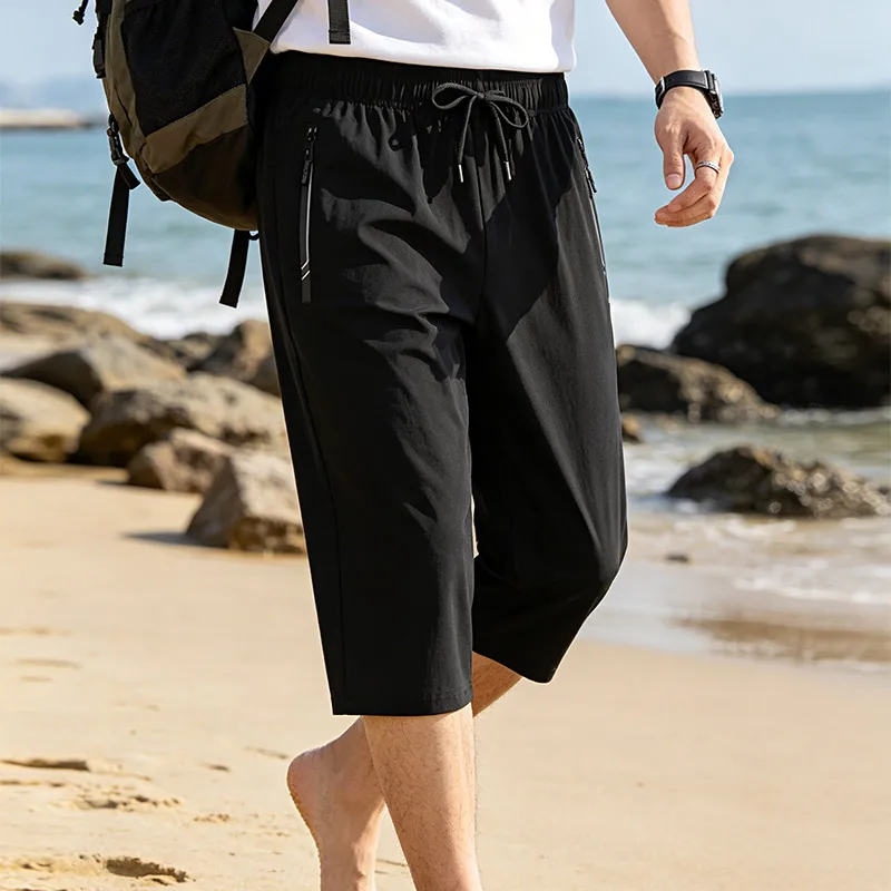 Summer Thin Men's Over The Knee Pants Zippered Pocket Baggy Elastic Waist Sports Outdoor 3/4 Shorts Men Board Bermuda Shorts