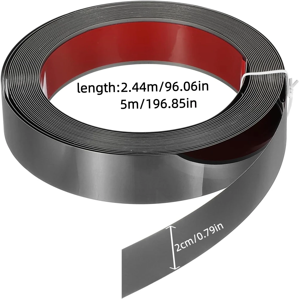 1pc 2.44m/5mX2cm Peel and Stick Self Adhesive Stainless Steel Finish Metal Strip Trim for Wall Ceiling Mirror Frame Border Black