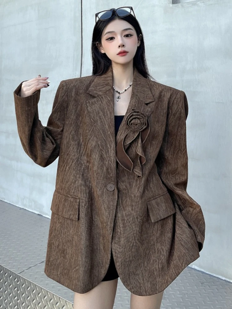 YERMORA Brown Three-dimensional Flower Vintage Blazer For Women Lapel Long Sleeve Fashion Tide Basic Jacket Spring Autumn 2024