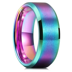 Simple 8mm Rainbow Stainless Steel Rings For Men Women Colorful Matte Finish Beveled Polished Edge Men Ring Wedding Band Jewelry