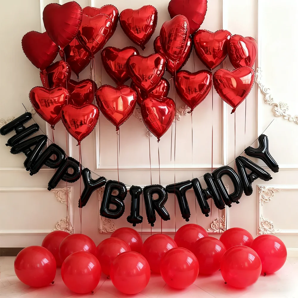Schwarzes Happy Birthday-Ballon-Set, rotes Herz, Ballon, Schleife, Aluminiumfolie, Ballon für Geburtstagsparty-Dekoration, Fotografie-Requisiten – Detail 7