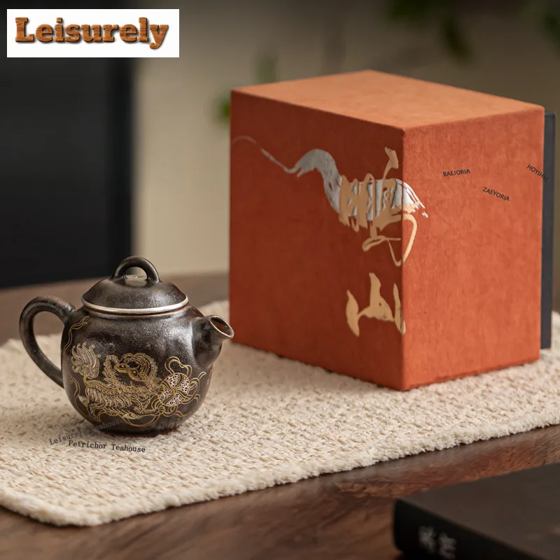 HOYIHM 100ml Gold And Silver Inlaid Black Shino Lion Teapot Vintage Tea Infuser Pot Tea Maker Kettle With Filter Tea Ornaments