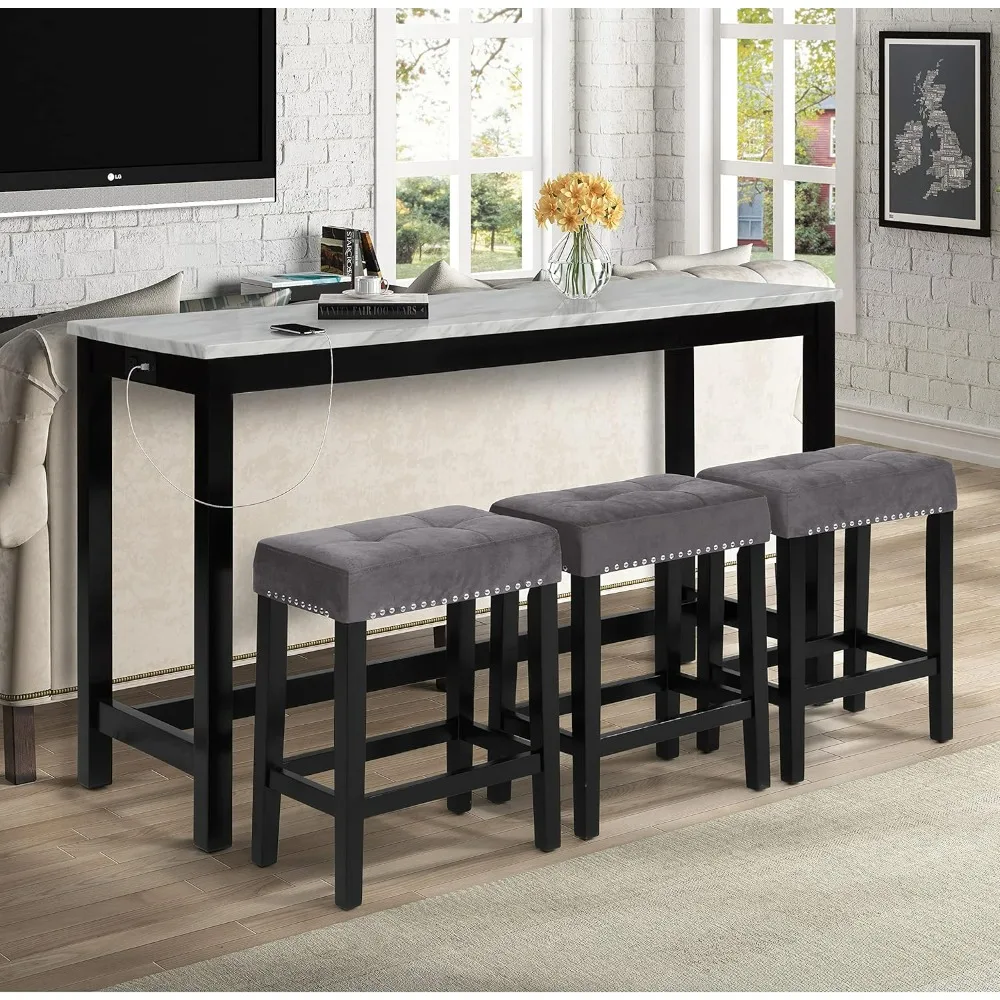 Bar Tables,Faux Marble Table And 3 Bar Stools Set, Gray Velvet With Black Base,home Bar Furniture